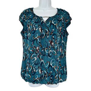 Dressbarn Teal Circle Graphic Keyhole Neck Cap Sleeve Top Size L